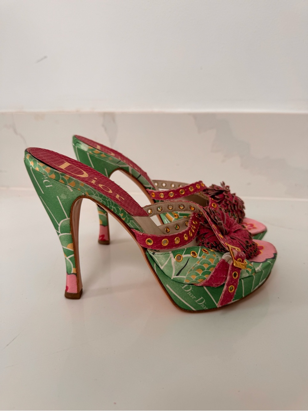 Dior Koi Pink & Green Floral python High Heel Mules 39 - Picture 5 of 7